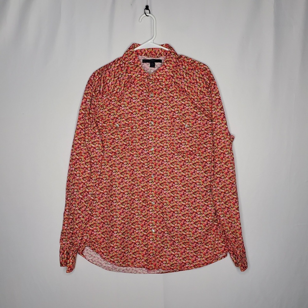 Vtg‎ Express Pearl Snap Button Shirt Mens XL Ditsy Red Floral Western Modern Y2K